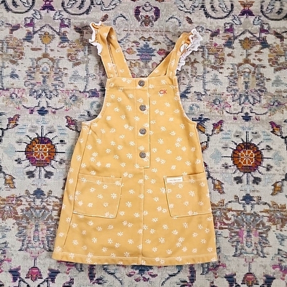 Calvin Klein Jeans Girl's Yellow Floral Ruffle Cap Sleeve Sun Dress, sz 5 - Picture 1 of 6